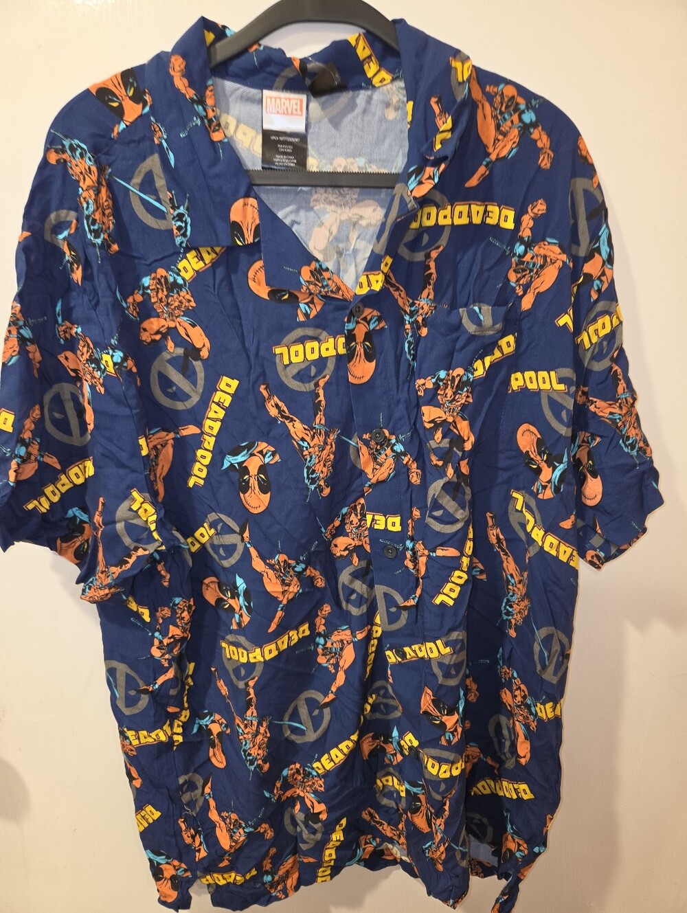 Marvel Deadpool Men's Blue Short-Sleeve Button-Down Shirt with Orange Accents